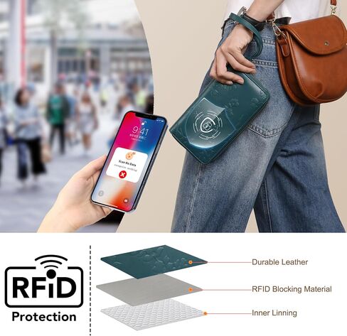 Womens Wallet RFID حظر سعة كبيرة من الجلد مزدوج zip wristlet wallet بطاقة الائتمان حامل الهاتف السيدات محفظة القابض in Kuwait