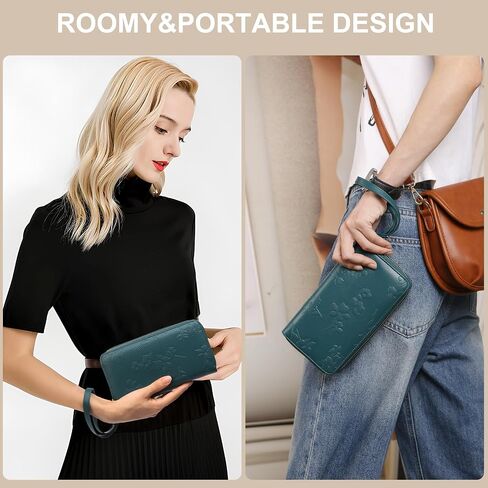 Womens Wallet RFID حظر سعة كبيرة من الجلد مزدوج zip wristlet wallet بطاقة الائتمان حامل الهاتف السيدات محفظة القابض in Kuwait