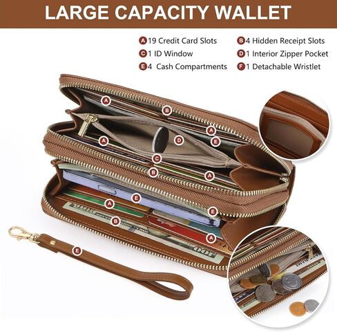 Womens Wallet RFID حظر سعة كبيرة من الجلد مزدوج zip wristlet wallet بطاقة الائتمان حامل الهاتف السيدات محفظة القابض in Kuwait