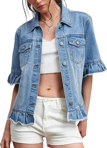 Kedera Short Sleeve Denim Jacket for Women Lightweight Blue Jean Jackets Ruffle Sleeve Denim Shirt Summer Top in Saudi Arabia