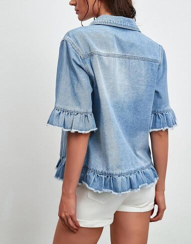 Kedera Short Sleeve Denim Jacket for Women Lightweight Blue Jean Jackets Ruffle Sleeve Denim Shirt Summer Top in Saudi Arabia