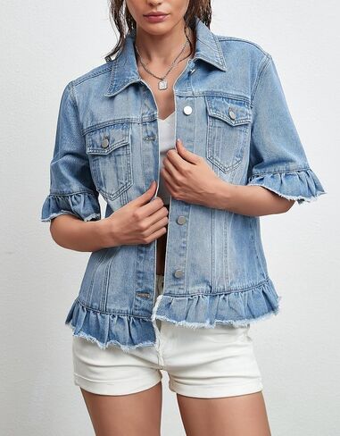 Kedera Short Sleeve Denim Jacket for Women Lightweight Blue Jean Jackets Ruffle Sleeve Denim Shirt Summer Top in Saudi Arabia