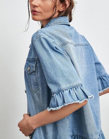 Kedera Short Sleeve Denim Jacket for Women Lightweight Blue Jean Jackets Ruffle Sleeve Denim Shirt Summer Top in Saudi Arabia
