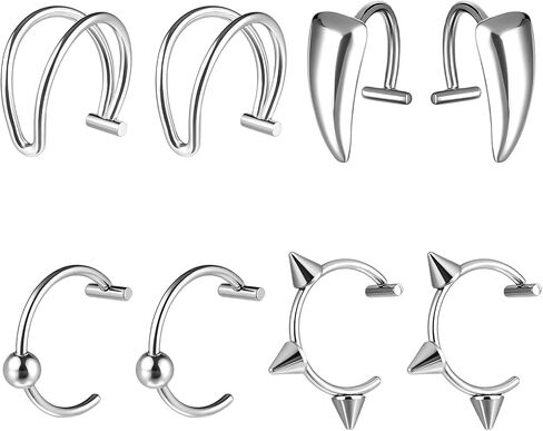 Fake Lip Piercing, 8 Pcs Stainless Steel Fake Lip Ring 4 Styles Clip on Faux Nose Ring Adjustable Non Piercing Septum Piercing for Women Men (Silver) in Saudi Arabia