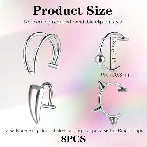 Fake Lip Piercing, 8 Pcs Stainless Steel Fake Lip Ring 4 Styles Clip on Faux Nose Ring Adjustable Non Piercing Septum Piercing for Women Men (Silver) in Saudi Arabia