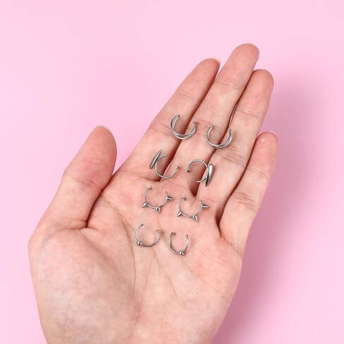 Fake Lip Piercing, 8 Pcs Stainless Steel Fake Lip Ring 4 Styles Clip on Faux Nose Ring Adjustable Non Piercing Septum Piercing for Women Men (Silver) in Saudi Arabia