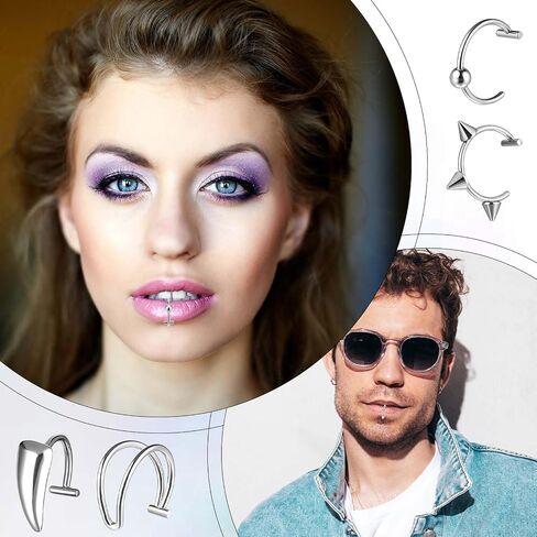 Fake Lip Piercing, 8 Pcs Stainless Steel Fake Lip Ring 4 Styles Clip on Faux Nose Ring Adjustable Non Piercing Septum Piercing for Women Men (Silver) in Saudi Arabia
