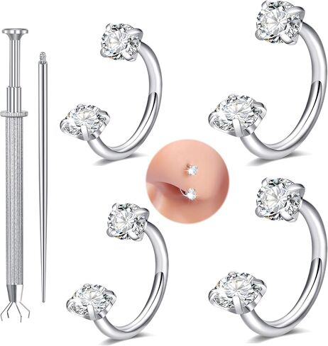 longita 18g حدوث حصان أنف للنساء حذاء الحصان ذات الأحجار الكريمة مزدوجة طوق 6 مم 7 مم من الفولاذ الجراحي الفضي الغضروف اللولب Tragus حلق الأطواق Labret Piercing Jewellry حلقات صغيرة الحاجز 18G in Kuwait