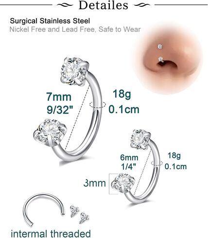 Longita 18g Horseshoe Nose Ring for Women Double Gem Horse Shoe Nose Ring Hoop 6mm 7mm Surgical Steel Silver Cartilage Helix Tragus Earring Hoops Labret Lip Piercing Jewelry Small Septum Rings 18g in Saudi Arabia