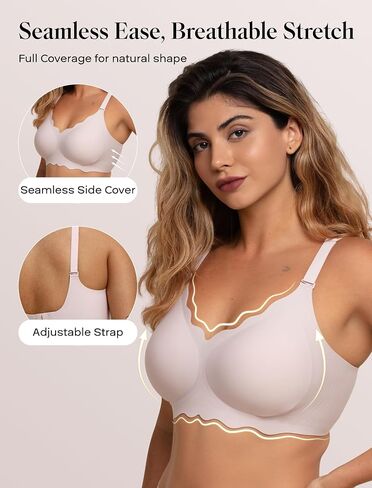 comfelie seamless wireless t-shirt bra for Women ، التغطية الكاملة لا تحت الأسلاك مع Deep V الرقبة ، u-back & lace trim in Kuwait