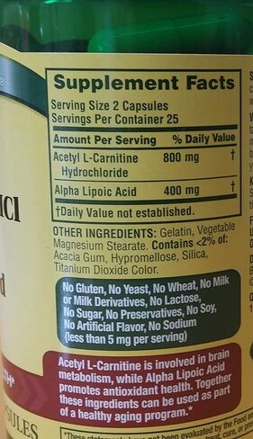 Spring Valley - أسيتيل L -Carnitine 800mg بالإضافة إلى حمض ألفا ليبويك 400 ملغ ، 50 كبسولة in Kuwait