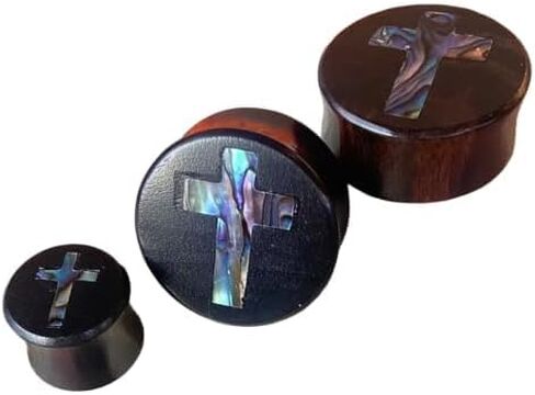 PAIR of Beautiful Abalone Shell Cross Inlay Black Wood Saddle Plugs - Tunnels - Gauges - Body Jewelry in Saudi Arabia