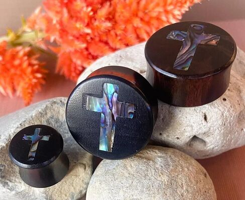 PAIR of Beautiful Abalone Shell Cross Inlay Black Wood Saddle Plugs - Tunnels - Gauges - Body Jewelry in Saudi Arabia