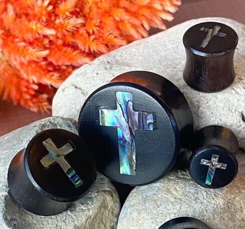 PAIR of Beautiful Abalone Shell Cross Inlay Black Wood Saddle Plugs - Tunnels - Gauges - Body Jewelry in Saudi Arabia