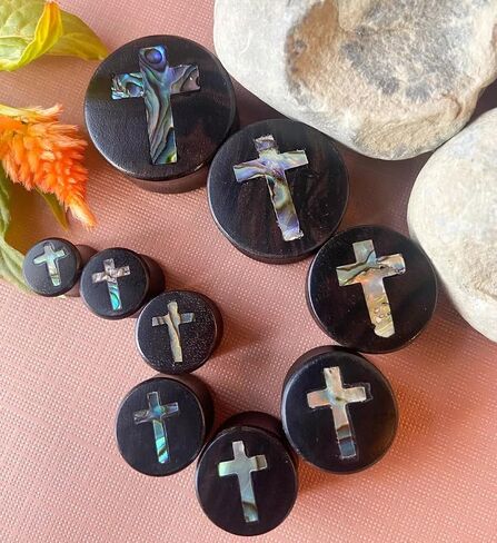 PAIR of Beautiful Abalone Shell Cross Inlay Black Wood Saddle Plugs - Tunnels - Gauges - Body Jewelry in Saudi Arabia