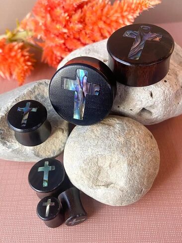 PAIR of Beautiful Abalone Shell Cross Inlay Black Wood Saddle Plugs - Tunnels - Gauges - Body Jewelry in Saudi Arabia