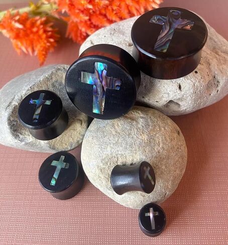 PAIR of Beautiful Abalone Shell Cross Inlay Black Wood Saddle Plugs - Tunnels - Gauges - Body Jewelry in Saudi Arabia