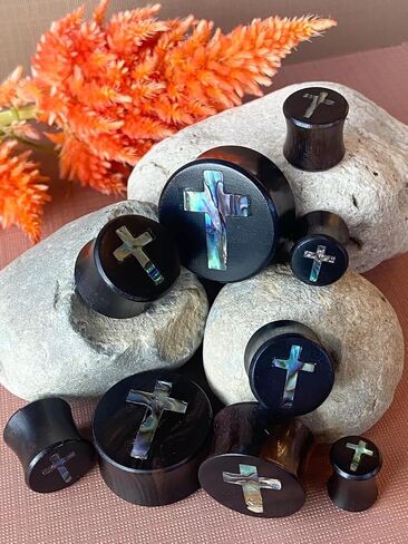 PAIR of Beautiful Abalone Shell Cross Inlay Black Wood Saddle Plugs - Tunnels - Gauges - Body Jewelry in Saudi Arabia