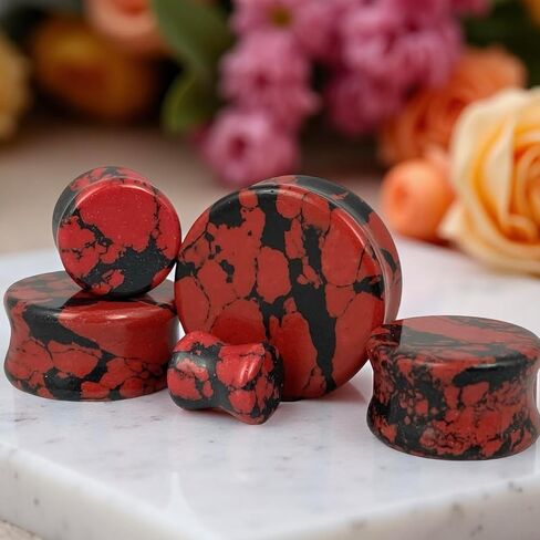 Pair of Synthetic Red and Black Howlite Double Flare Plugs (STN-656) in Saudi Arabia