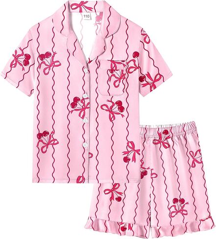 SWOMOG Girls Pajamas Silk Satin Pajama Set Short Sleeve Button Down Sleepwear Soft Cute PJs with Ruffle Shorts Loungewear in Saudi Arabia