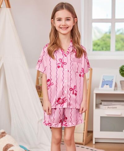 SWOMOG Girls Pajamas Silk Satin Pajama Set Short Sleeve Button Down Sleepwear Soft Cute PJs with Ruffle Shorts Loungewear in Saudi Arabia