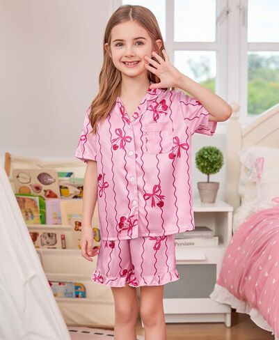 SWOMOG Girls Pajamas Silk Satin Pajama Set Short Sleeve Button Down Sleepwear Soft Cute PJs with Ruffle Shorts Loungewear in Saudi Arabia
