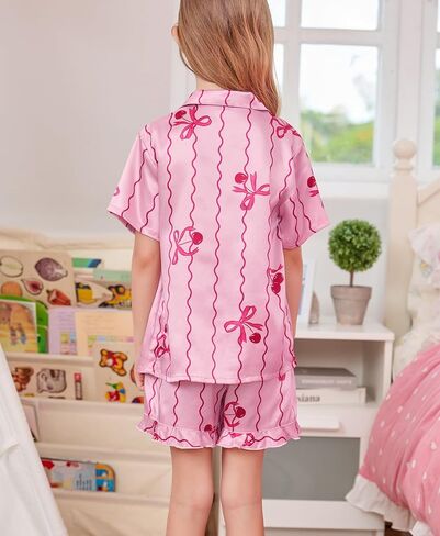 SWOMOG Girls Pajamas Silk Satin Pajama Set Short Sleeve Button Down Sleepwear Soft Cute PJs with Ruffle Shorts Loungewear in Saudi Arabia