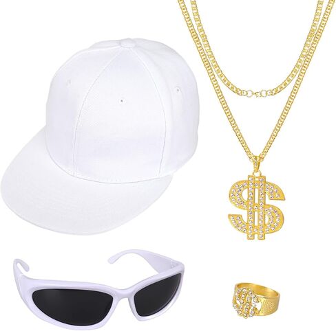 4Pcs Hip Hop Costume Set 80s 90s Rapper Hat Chain Ring Sunglasses for Men Women Halloween Party Outfit Multi in Saudi Arabia