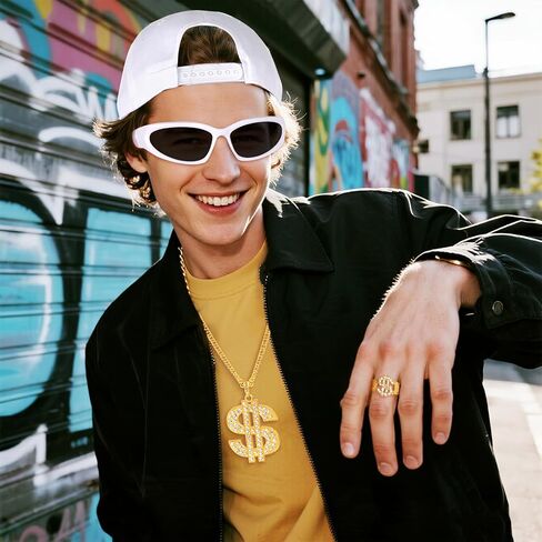 4Pcs Hip Hop Costume Set 80s 90s Rapper Hat Chain Ring Sunglasses for Men Women Halloween Party Outfit Multi in Saudi Arabia