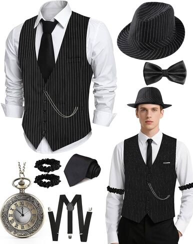 1920s Mens Costume, Roaring 20s Costumes for Men, Fedora Hats for Men 1920S Mens Outfit with Hat, Vest,Pocket Watch in Saudi Arabia