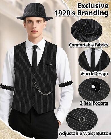 1920s Mens Costume, Roaring 20s Costumes for Men, Fedora Hats for Men 1920S Mens Outfit with Hat, Vest,Pocket Watch in Saudi Arabia