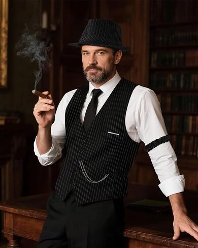 1920s Mens Costume, Roaring 20s Costumes for Men, Fedora Hats for Men 1920S Mens Outfit with Hat, Vest,Pocket Watch in Saudi Arabia