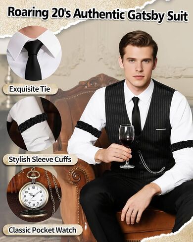 1920s Mens Costume, Roaring 20s Costumes for Men, Fedora Hats for Men 1920S Mens Outfit with Hat, Vest,Pocket Watch in Saudi Arabia