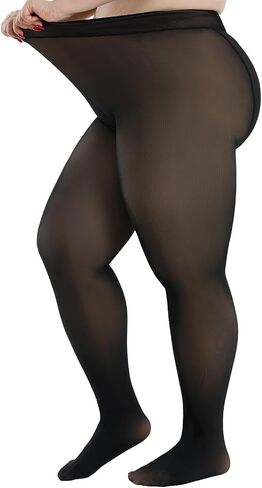 Fleece Lined Tights Women Plus Size,Thermal Warm Skin Tone Black Sheer Translucent for Winter Smooth out fat lumps in Saudi Arabia