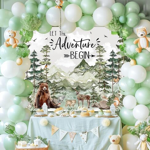 خلفية استحمام الطفل من Avezano Woodland، حيوانات الغابة، ديكورات حمام الطفل، مغامرة الغابات والجبال البرية، خلفية التصوير الفوتوغرافي دع المغامرة تبدأ لافتة (7 × 5 أقدام، أخضر) in Saudi Arabia