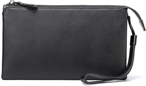 محفظة القابض الجلدية التنفيذية للرجال - محفظة أعمال سحاب مع حزام معصم وسفر منظم باللون الأسود in Kuwait