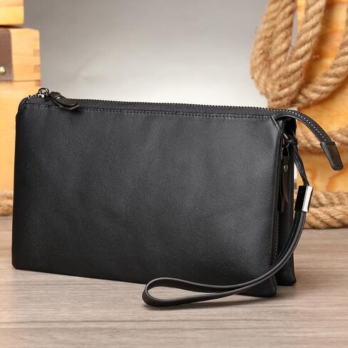 محفظة القابض الجلدية التنفيذية للرجال - محفظة أعمال سحاب مع حزام معصم وسفر منظم باللون الأسود in Kuwait