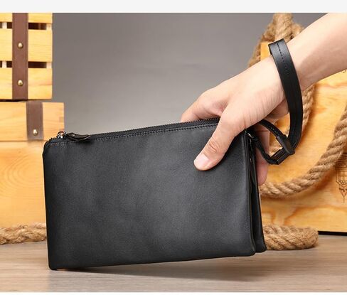 محفظة القابض الجلدية التنفيذية للرجال - محفظة أعمال سحاب مع حزام معصم وسفر منظم باللون الأسود in Kuwait