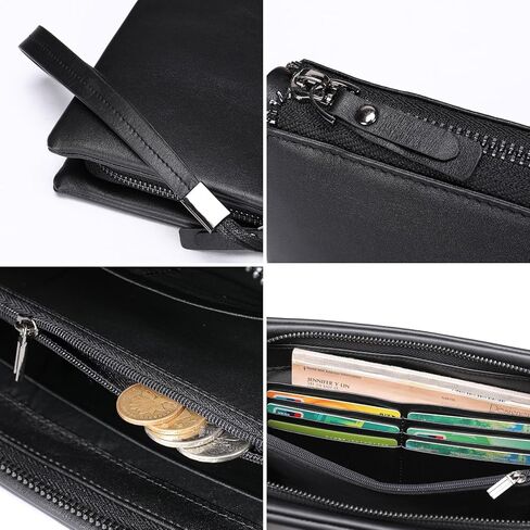 محفظة القابض الجلدية التنفيذية للرجال - محفظة أعمال سحاب مع حزام معصم وسفر منظم باللون الأسود in Kuwait