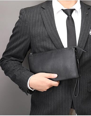 محفظة القابض الجلدية التنفيذية للرجال - محفظة أعمال سحاب مع حزام معصم وسفر منظم باللون الأسود in Kuwait