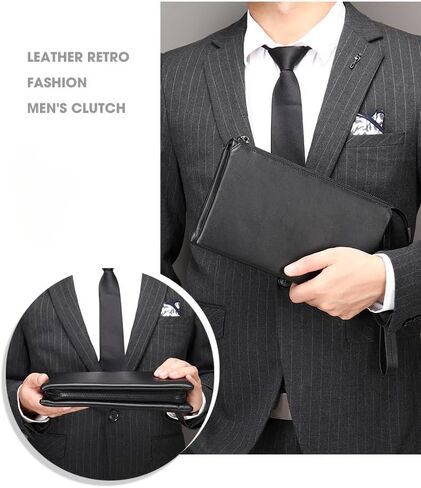 محفظة القابض الجلدية التنفيذية للرجال - محفظة أعمال سحاب مع حزام معصم وسفر منظم باللون الأسود in Kuwait