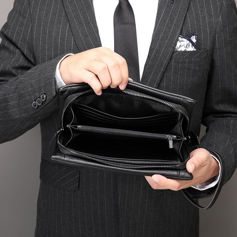 محفظة القابض الجلدية التنفيذية للرجال - محفظة أعمال سحاب مع حزام معصم وسفر منظم باللون الأسود in Kuwait