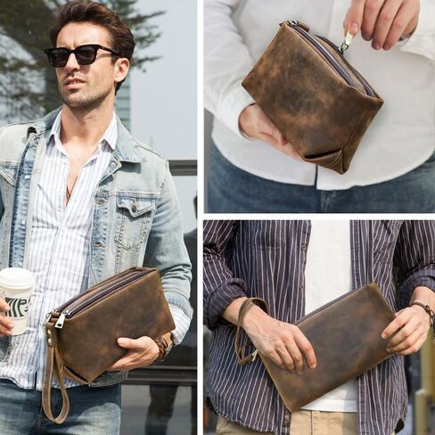 Vintage Full Grain Leather Clutch Bag for Men Travel Wallet with Wristlet 6 Card Slots Fits 8.3 Inch iPad in Kuwait