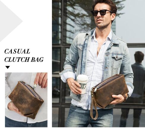 Vintage Full Grain Leather Clutch Bag for Men Travel Wallet with Wristlet 6 Card Slots Fits 8.3 Inch iPad in Kuwait