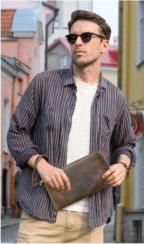 Vintage Full Grain Leather Clutch Bag for Men Travel Wallet with Wristlet 6 Card Slots Fits 8.3 Inch iPad in Kuwait