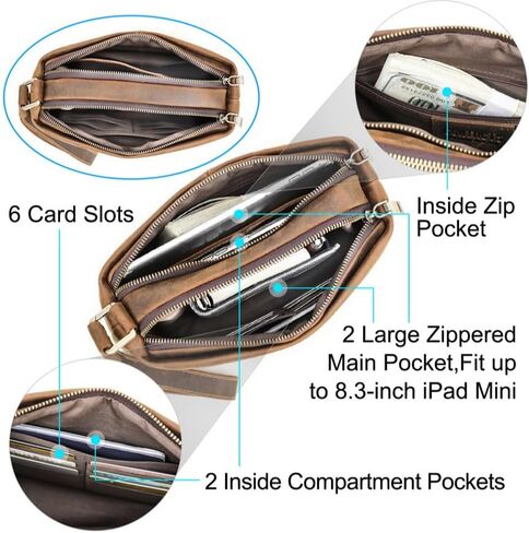 Vintage Full Grain Leather Clutch Bag for Men Travel Wallet with Wristlet 6 Card Slots Fits 8.3 Inch iPad in Kuwait