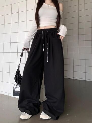 Wide Leg Pants for Women High Waisted Baggy Casual Elastic Waistband with Drawstring Flow Tapered Floor Length in Saudi Arabia