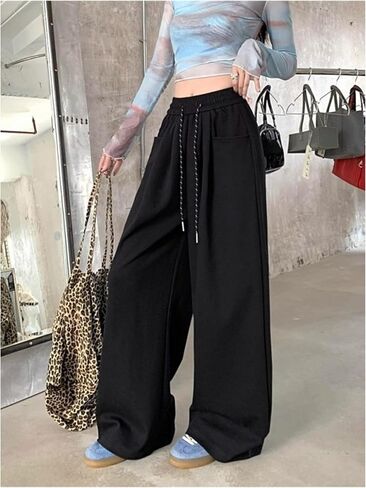 Wide Leg Pants for Women High Waisted Baggy Casual Elastic Waistband with Drawstring Flow Tapered Floor Length in Saudi Arabia