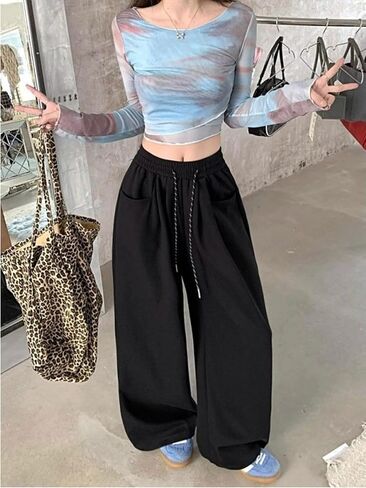 Wide Leg Pants for Women High Waisted Baggy Casual Elastic Waistband with Drawstring Flow Tapered Floor Length in Saudi Arabia