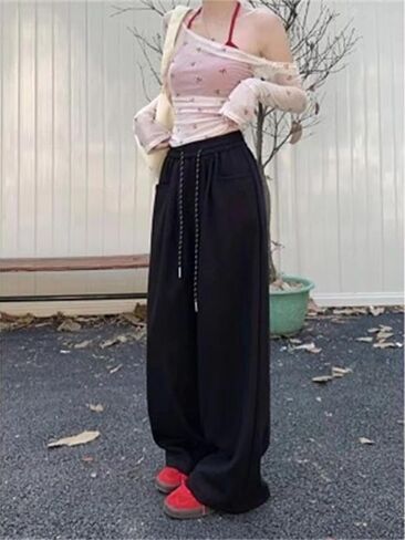 Wide Leg Pants for Women High Waisted Baggy Casual Elastic Waistband with Drawstring Flow Tapered Floor Length in Saudi Arabia